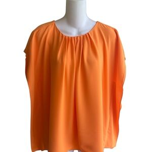 DKNY Bright Orange Blouse Top Split Short Sleeve Pintuck Neckline Size Large NWT